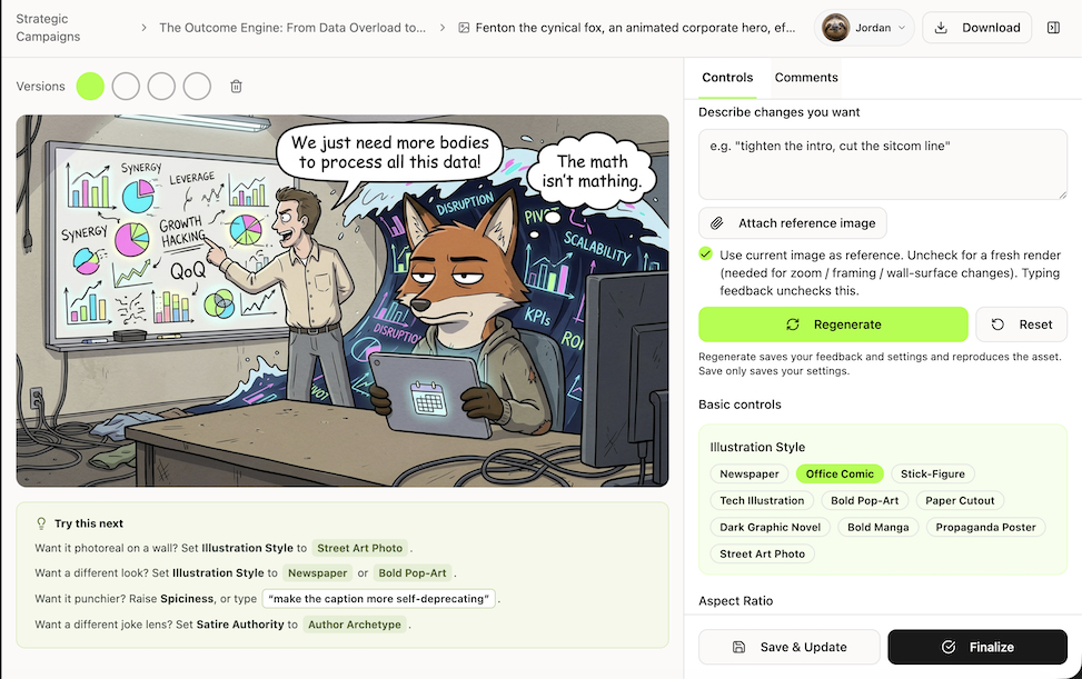 Mic Drop Studio cartoon generator, showing a cartoon in progress with illustration style and regeneration controls